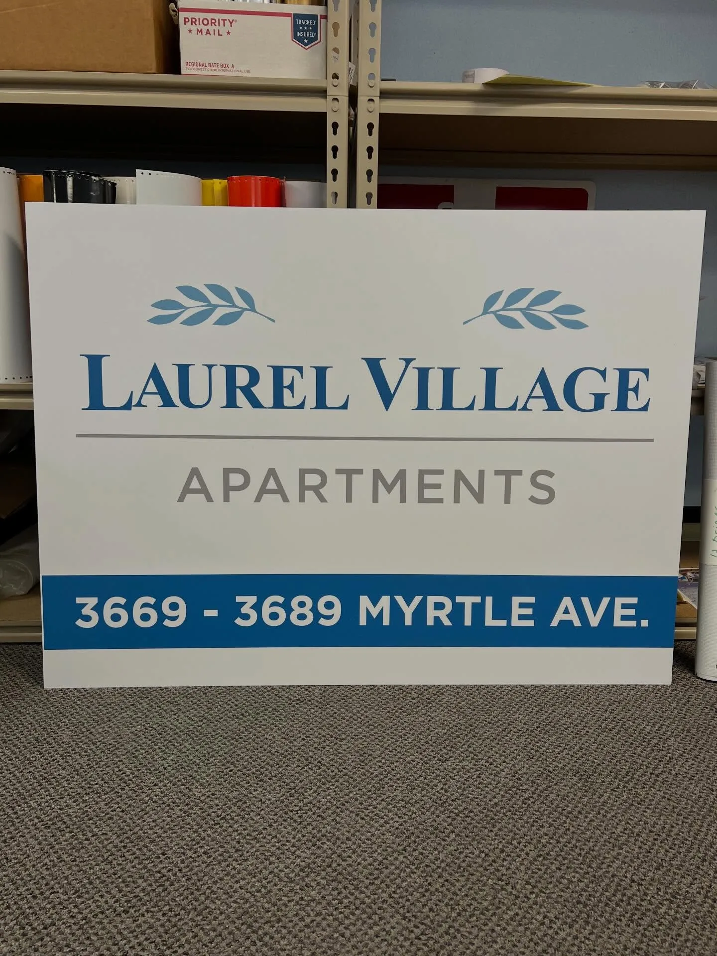 A rigid panel for Laurel Village, fresh off the press, by the vinyl racks